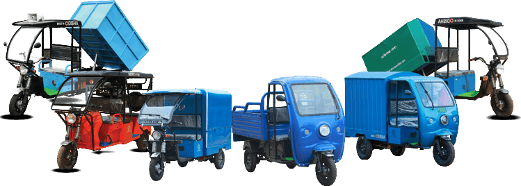 The Skyy Rider Electric fleet — cargo loaders, box vans and e-rickshaws lined up