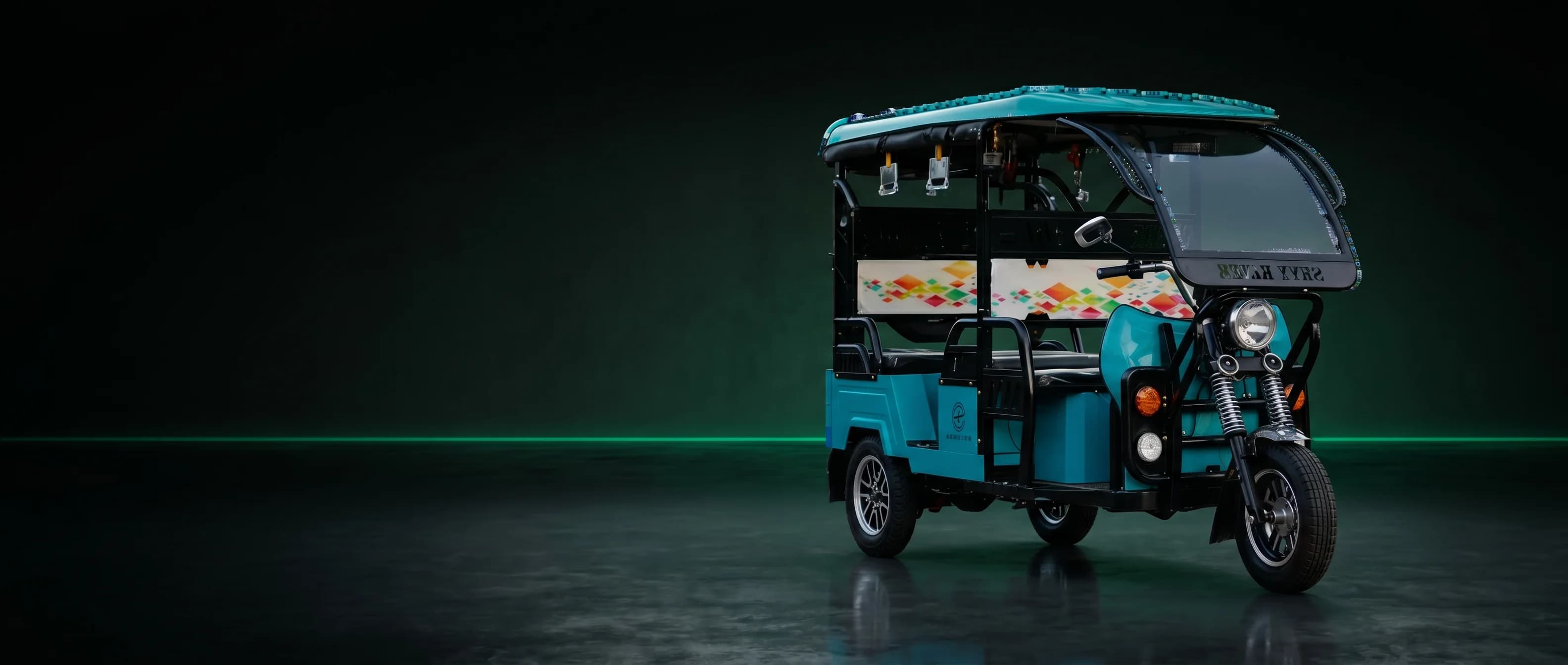 Panda electric passenger rickshaw in a dark studio, green light on the horizon